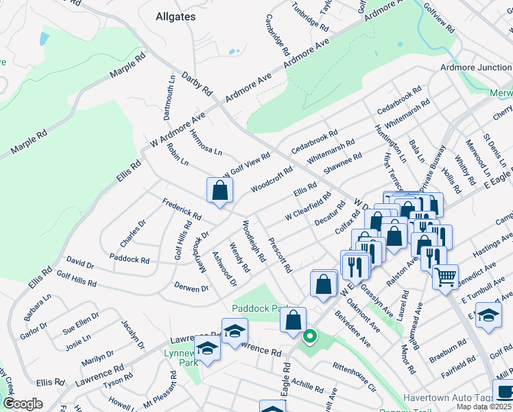 map of restaurants, bars, coffee shops, grocery stores, and more near 136 Ellis Road in Havertown