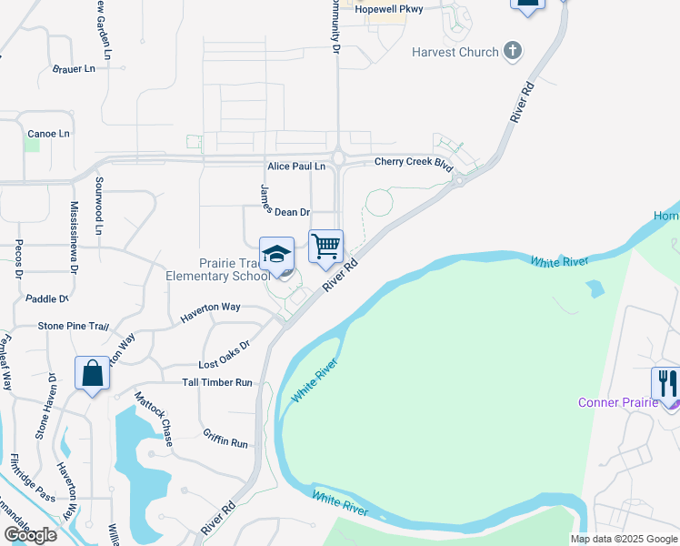 map of restaurants, bars, coffee shops, grocery stores, and more near 14200 River Road in Carmel
