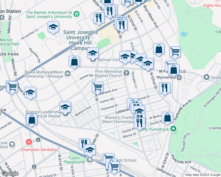 map of restaurants, bars, coffee shops, grocery stores, and more near 5449 Wyndale Avenue in Philadelphia