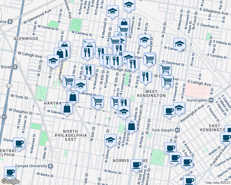 map of restaurants, bars, coffee shops, grocery stores, and more near 2523 North 5th Street in Philadelphia
