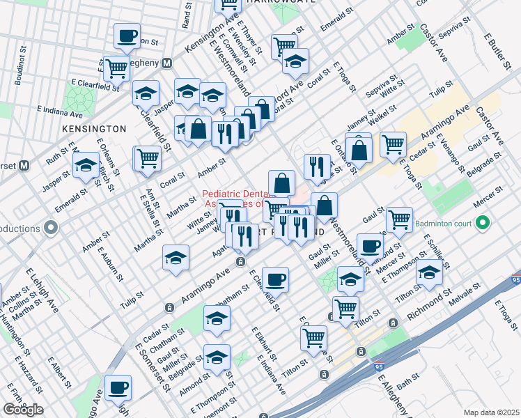 map of restaurants, bars, coffee shops, grocery stores, and more near 2260 East Allegheny Avenue in Philadelphia
