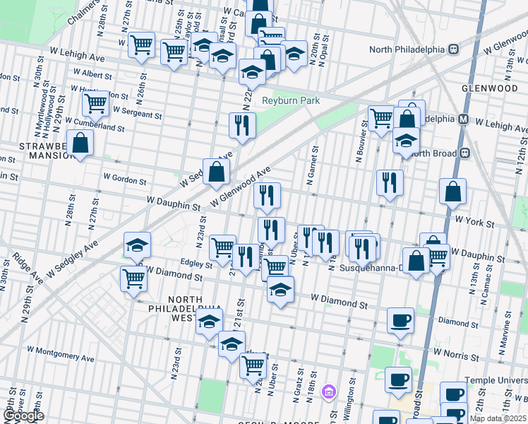 map of restaurants, bars, coffee shops, grocery stores, and more near 2312 North Lambert Street in Philadelphia