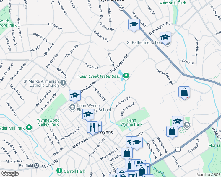 map of restaurants, bars, coffee shops, grocery stores, and more near 305 Barwynne Lane in Wynnewood