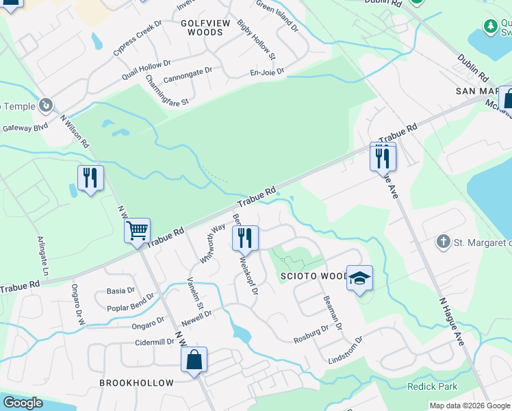 map of restaurants, bars, coffee shops, grocery stores, and more near 1720 Sarazen Court in Columbus