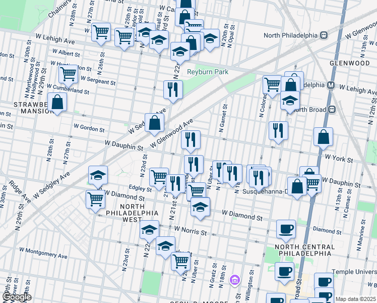 map of restaurants, bars, coffee shops, grocery stores, and more near 2312 North Lambert Street in Philadelphia