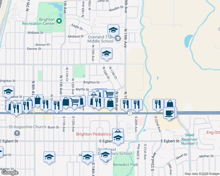 map of restaurants, bars, coffee shops, grocery stores, and more near 1589 Myrtle Street in Brighton