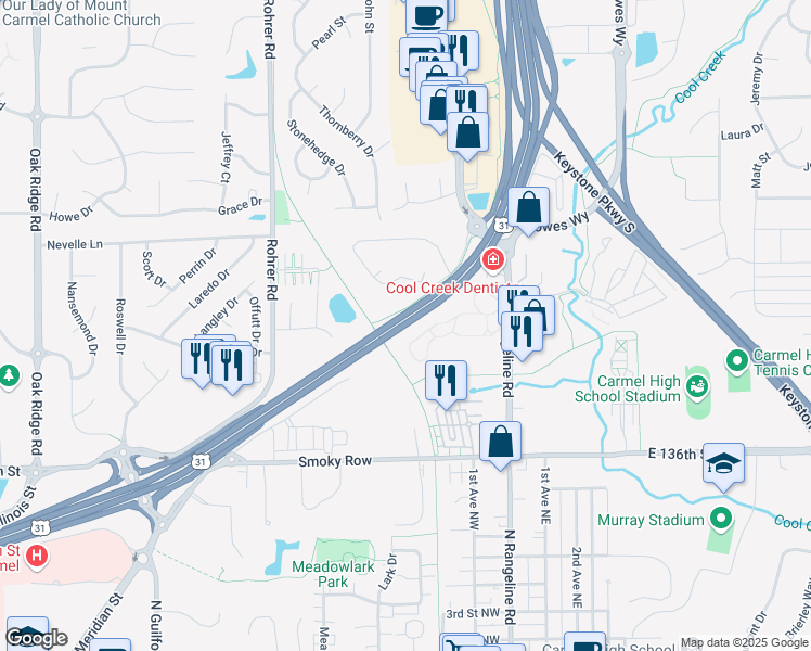 map of restaurants, bars, coffee shops, grocery stores, and more near 13895 North Meridian Street in Carmel
