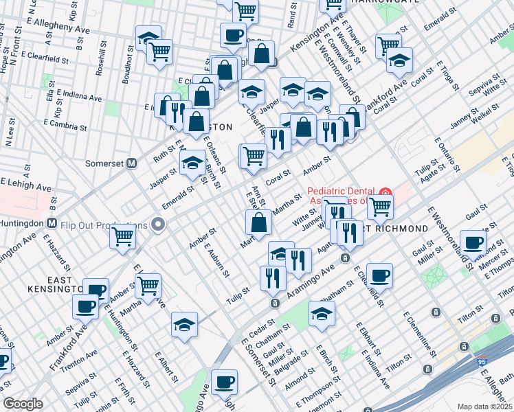 map of restaurants, bars, coffee shops, grocery stores, and more near 2103 East Stella Street in Philadelphia