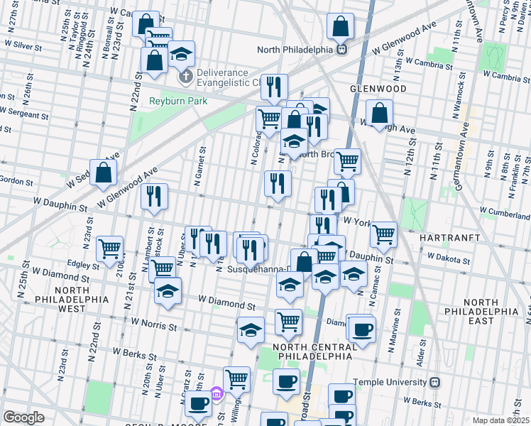 map of restaurants, bars, coffee shops, grocery stores, and more near 2350 North Smedley Street in Philadelphia