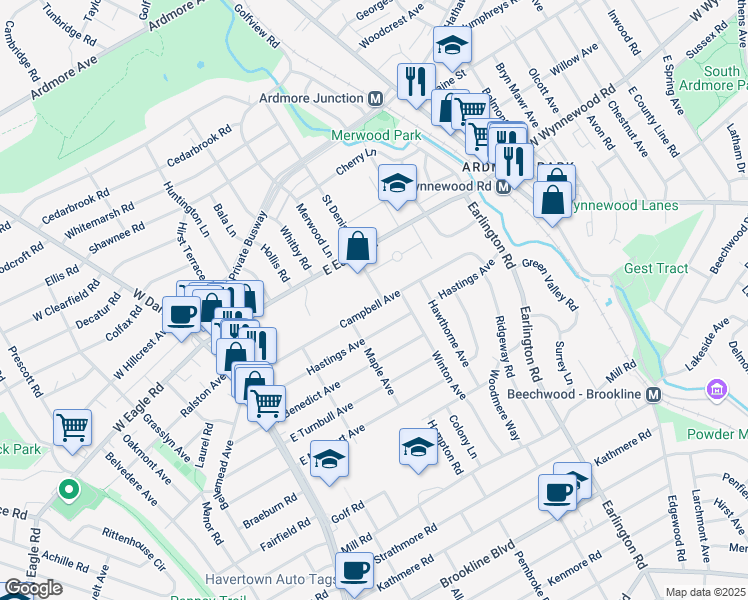map of restaurants, bars, coffee shops, grocery stores, and more near 316 Campbell Avenue in Havertown