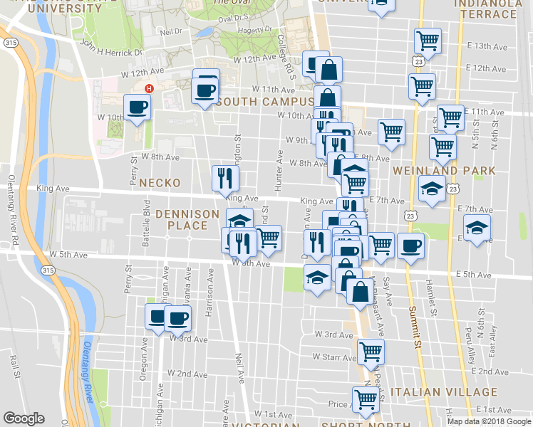 map of restaurants, bars, coffee shops, grocery stores, and more near 1362 Highland Street in Columbus