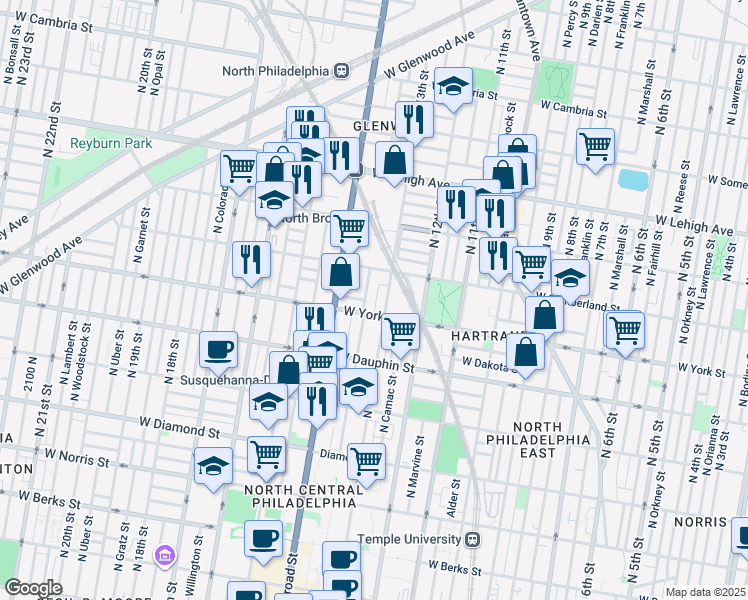map of restaurants, bars, coffee shops, grocery stores, and more near 2420 North Clarion Street in Philadelphia