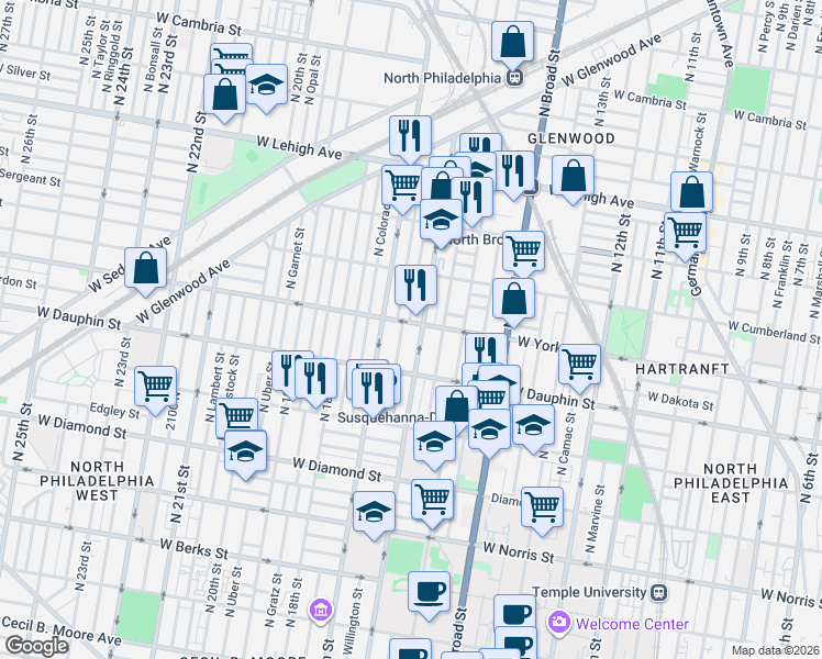 map of restaurants, bars, coffee shops, grocery stores, and more near 2404 North 16th Street in Philadelphia