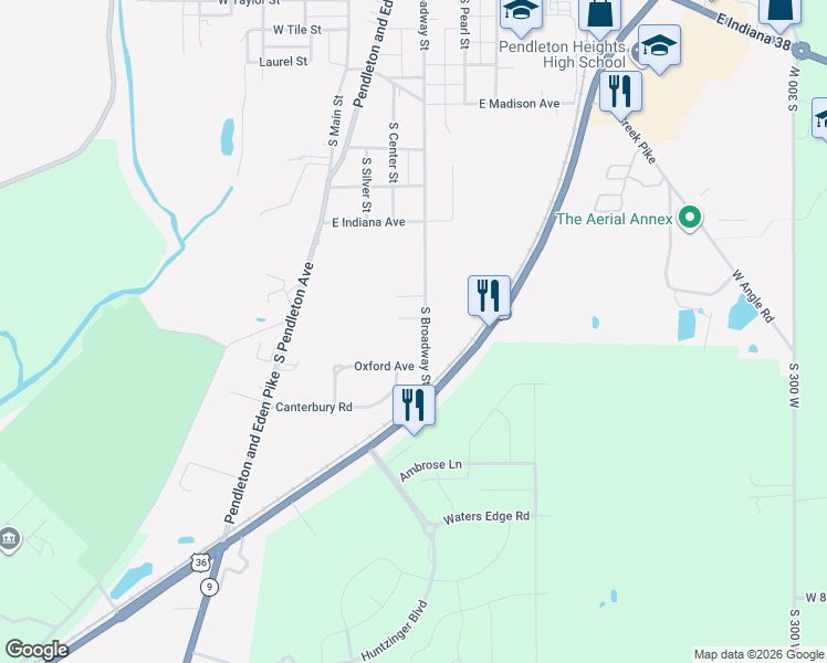 map of restaurants, bars, coffee shops, grocery stores, and more near 922 South Broadway Street in Pendleton