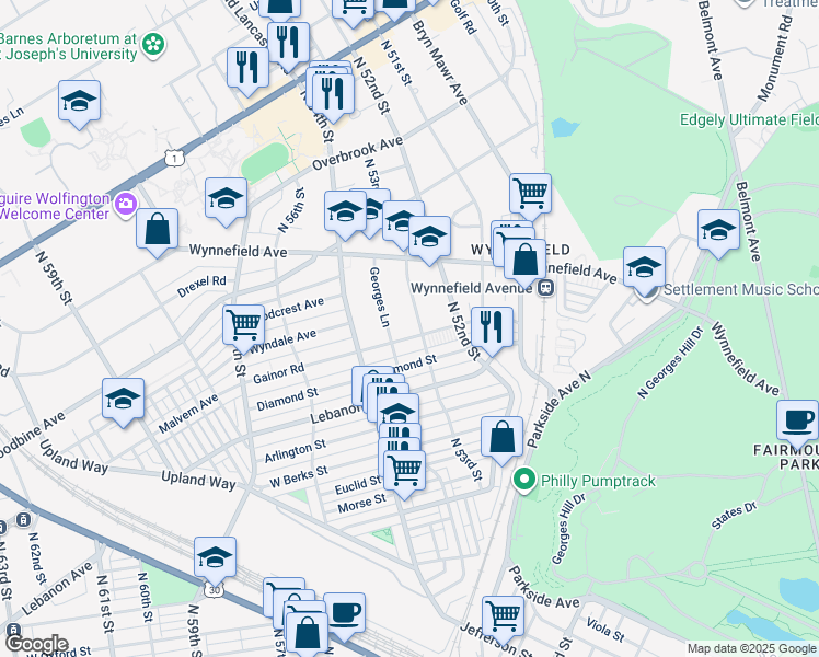 map of restaurants, bars, coffee shops, grocery stores, and more near 5301 Gainor Road in Philadelphia