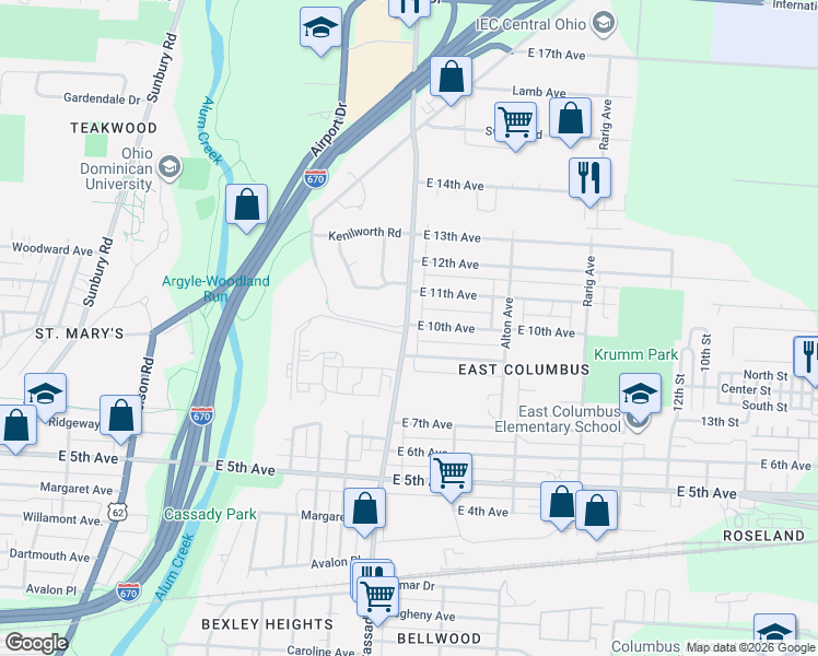 map of restaurants, bars, coffee shops, grocery stores, and more near 946 North Cassady Avenue in Columbus