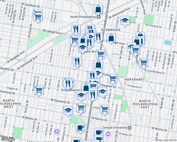 map of restaurants, bars, coffee shops, grocery stores, and more near 2401 North 15th Street in Philadelphia