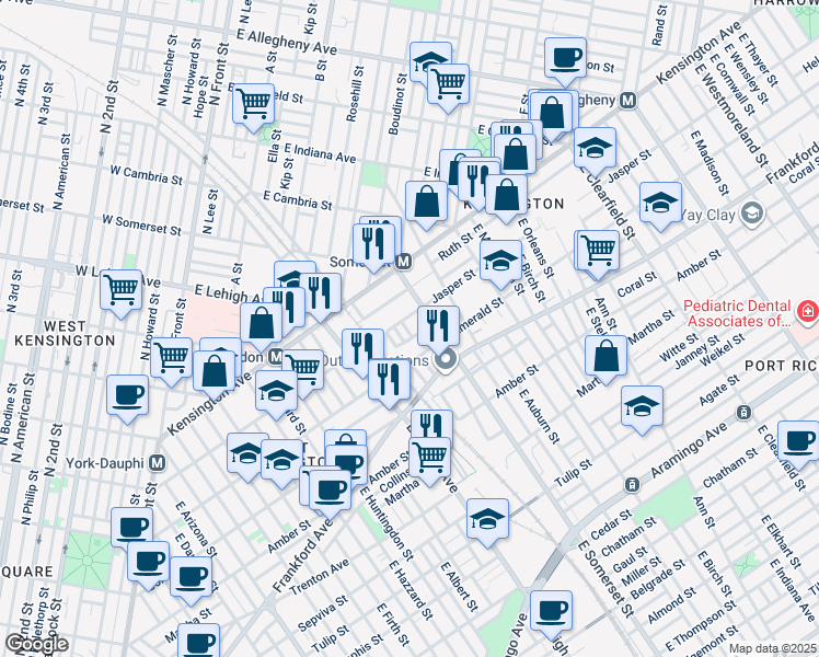 map of restaurants, bars, coffee shops, grocery stores, and more near 1913 East Seltzer Street in Philadelphia