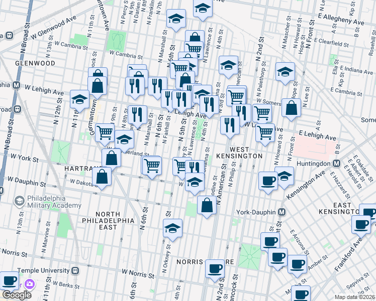 map of restaurants, bars, coffee shops, grocery stores, and more near 2541 North Lawrence Street in Philadelphia