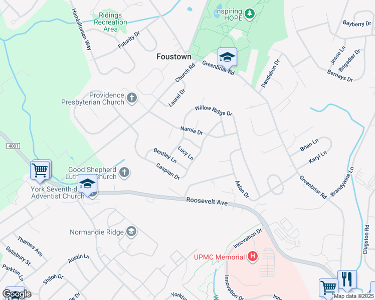 map of restaurants, bars, coffee shops, grocery stores, and more near 2166 Lucy Lane in York