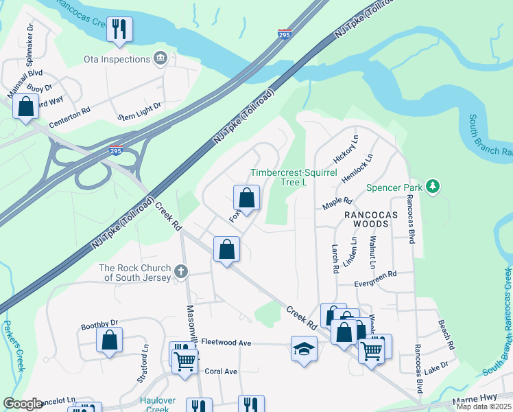 map of restaurants, bars, coffee shops, grocery stores, and more near 512 Foxwood Drive in Mount Laurel Township