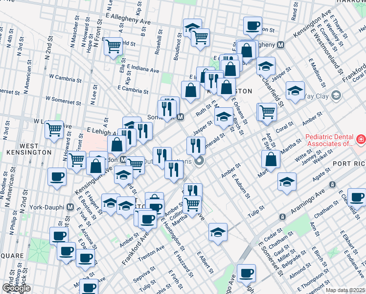map of restaurants, bars, coffee shops, grocery stores, and more near 1913 East Seltzer Street in Philadelphia