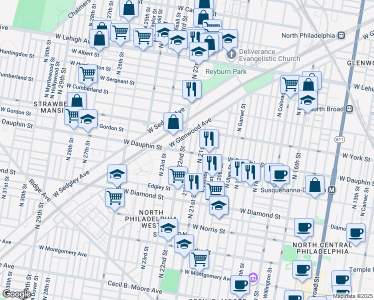 map of restaurants, bars, coffee shops, grocery stores, and more near 2131 West Dauphin Street in Philadelphia