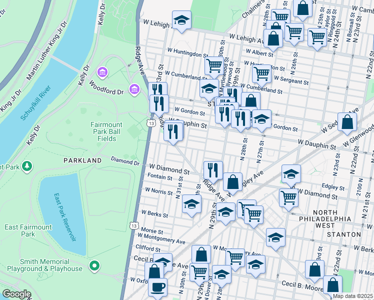 map of restaurants, bars, coffee shops, grocery stores, and more near 3044 West Susquehanna Avenue in Philadelphia