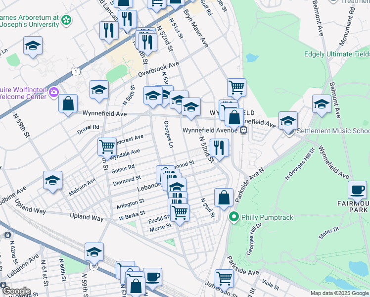 map of restaurants, bars, coffee shops, grocery stores, and more near 5301 Gainor Road in Philadelphia