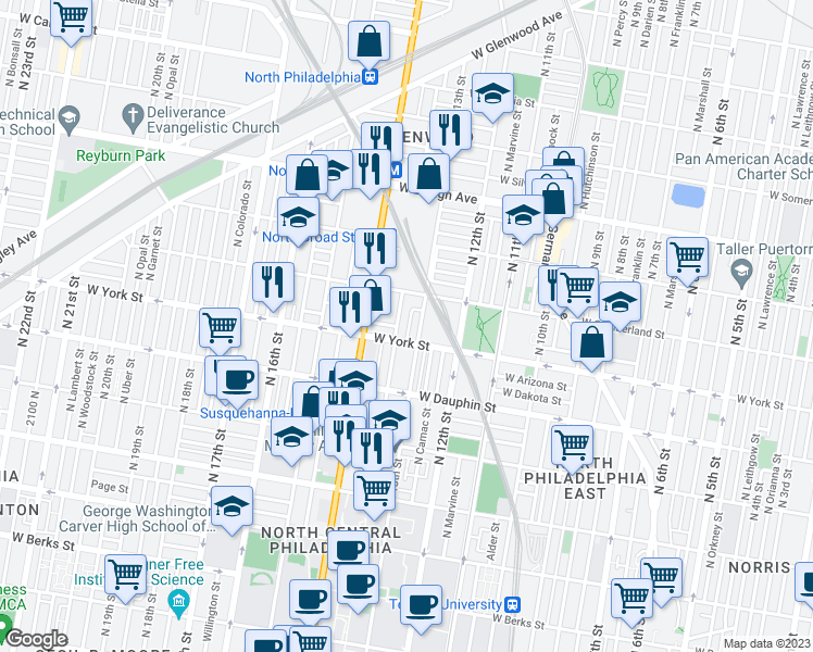 map of restaurants, bars, coffee shops, grocery stores, and more near 2420 North Clarion Street in Philadelphia