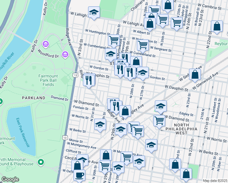 map of restaurants, bars, coffee shops, grocery stores, and more near 2913 West Susquehanna Avenue in Philadelphia