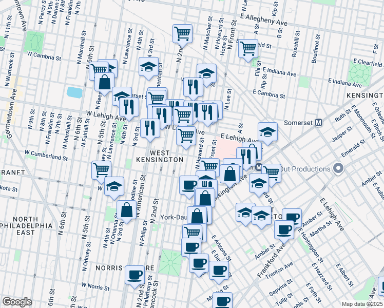 map of restaurants, bars, coffee shops, grocery stores, and more near 149 West Huntingdon Street in Philadelphia