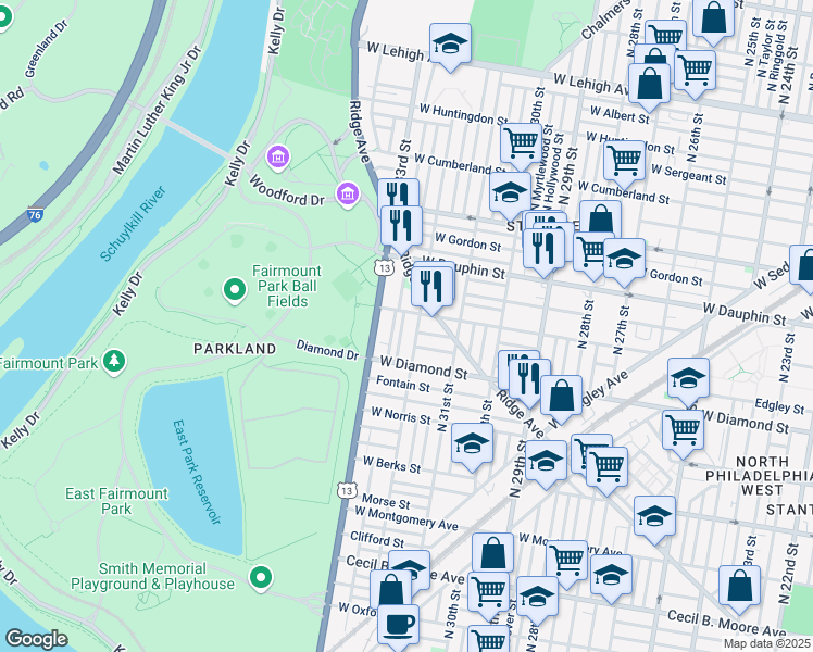 map of restaurants, bars, coffee shops, grocery stores, and more near 3224 West Susquehanna Avenue in Philadelphia