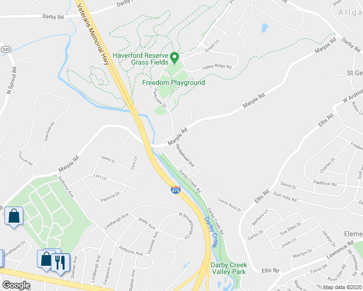 map of restaurants, bars, coffee shops, grocery stores, and more near 233 Marple Road in Haverford