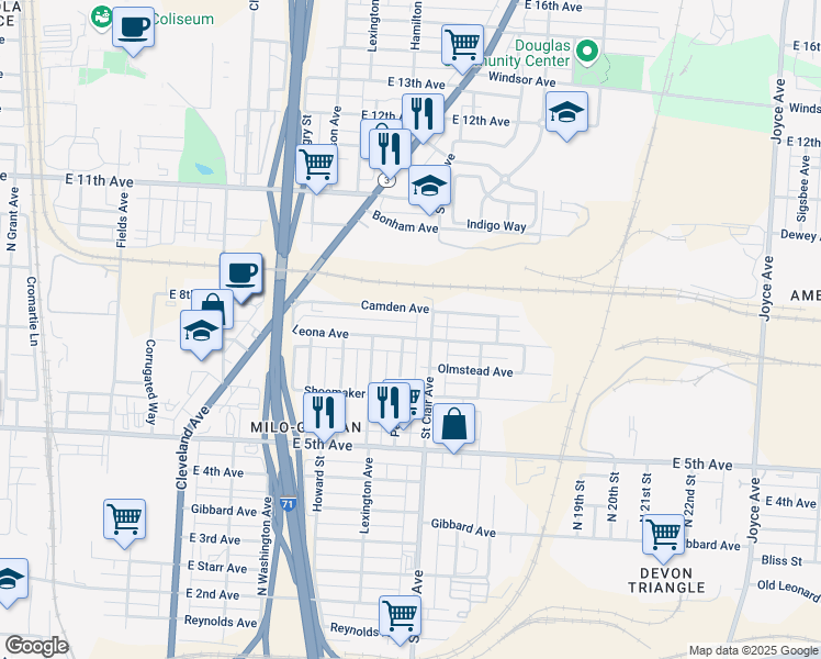 map of restaurants, bars, coffee shops, grocery stores, and more near 951 Camden Avenue in Columbus