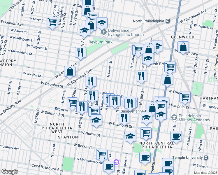 map of restaurants, bars, coffee shops, grocery stores, and more near 2330 North 19th Street in Philadelphia