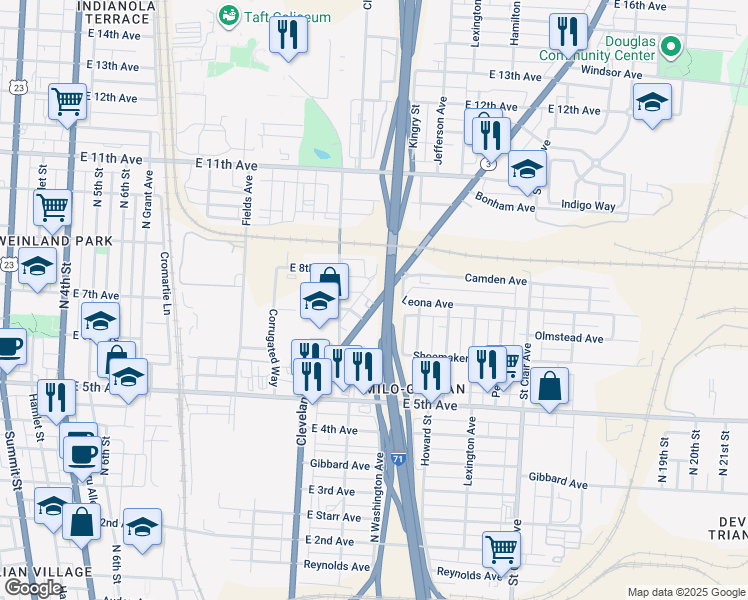 map of restaurants, bars, coffee shops, grocery stores, and more near 1231 Cleveland Avenue in Columbus