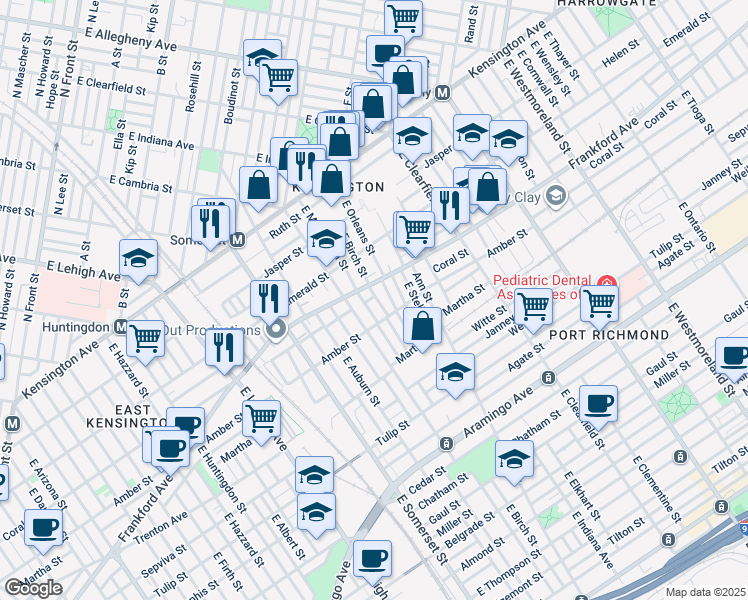 map of restaurants, bars, coffee shops, grocery stores, and more near 2046 East Birch Street in Philadelphia