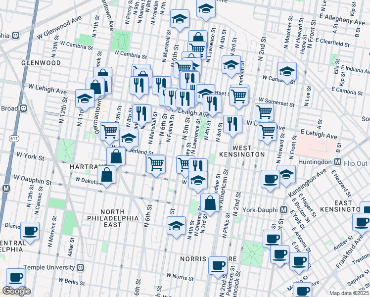 map of restaurants, bars, coffee shops, grocery stores, and more near 2527 North 5th Street in Philadelphia