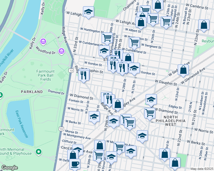 map of restaurants, bars, coffee shops, grocery stores, and more near 2913 West Susquehanna Avenue in Philadelphia