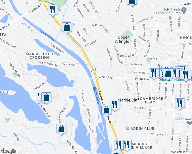 map of restaurants, bars, coffee shops, grocery stores, and more near Riverside Dr & W 5th Ave in Columbus