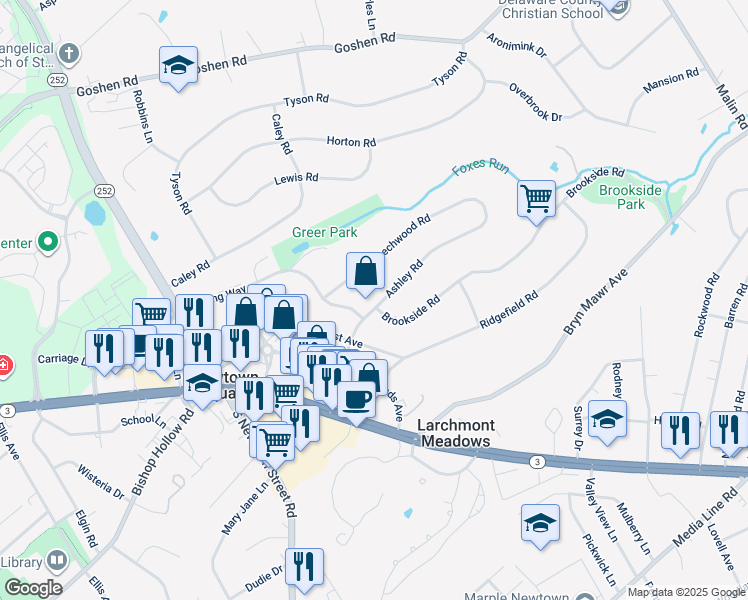 map of restaurants, bars, coffee shops, grocery stores, and more near 116 Ashley Road in Newtown Square