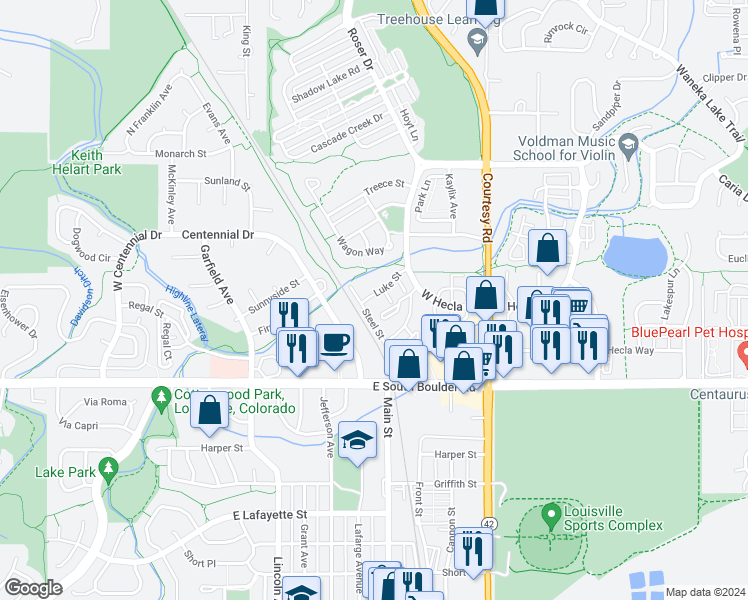 map of restaurants, bars, coffee shops, grocery stores, and more near 1866 Jules Lane in Louisville