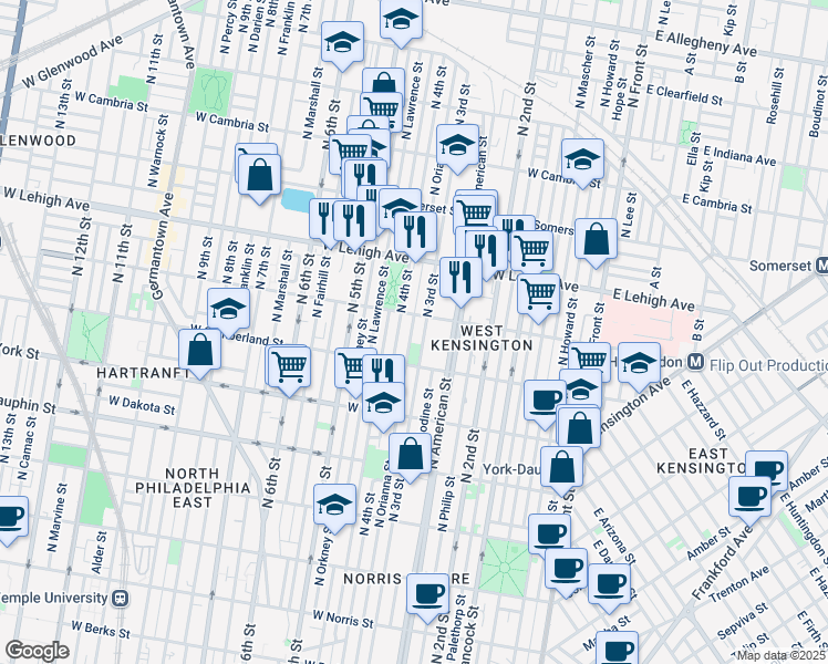 map of restaurants, bars, coffee shops, grocery stores, and more near 2555 North Orianna Street in Philadelphia
