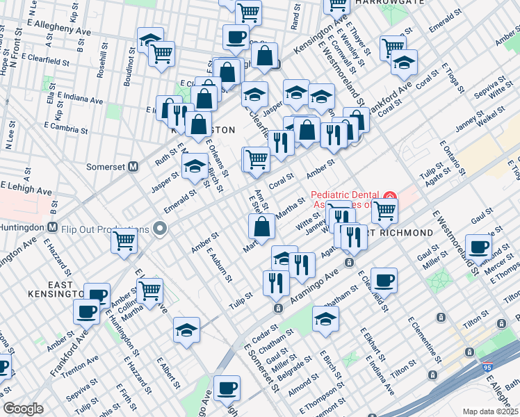 map of restaurants, bars, coffee shops, grocery stores, and more near 2103 East Stella Street in Philadelphia