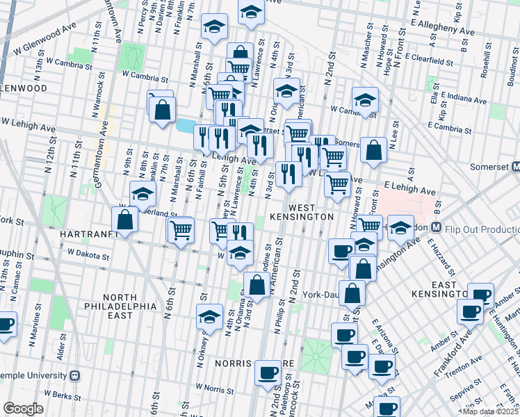 map of restaurants, bars, coffee shops, grocery stores, and more near 2555 North Orianna Street in Philadelphia