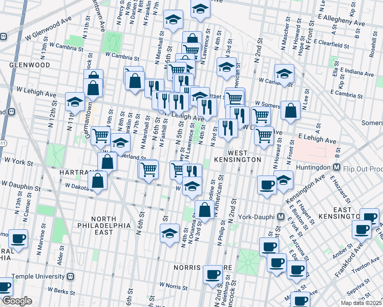 map of restaurants, bars, coffee shops, grocery stores, and more near 2530 North Leithgow Street in Philadelphia
