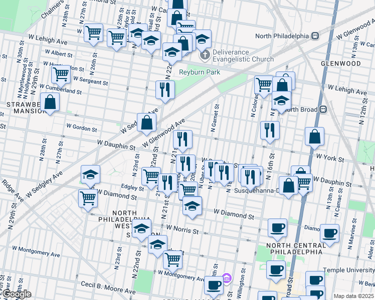 map of restaurants, bars, coffee shops, grocery stores, and more near 2318 North Woodstock Street in Philadelphia