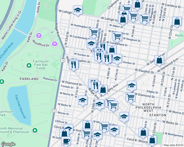 map of restaurants, bars, coffee shops, grocery stores, and more near 2215 North 30th Street in Philadelphia