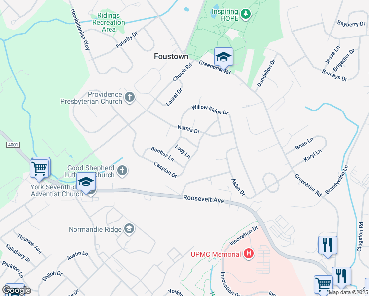 map of restaurants, bars, coffee shops, grocery stores, and more near 2166 Lucy Lane in York